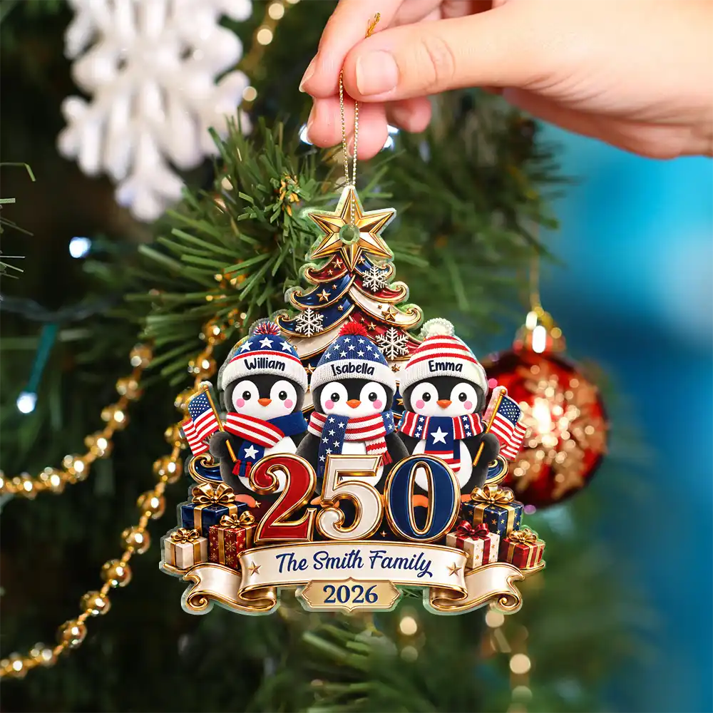 America 250th Anniversary Penguin Family Christmas - Personalized Custom Shaped Acrylic Ornament