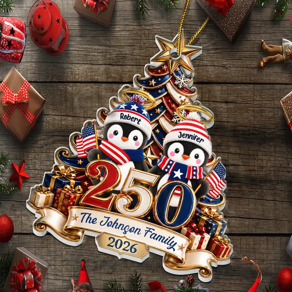 America 250th Anniversary Penguin Family Christmas - Personalized Custom Shaped Acrylic Ornament