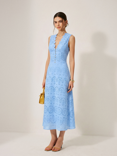 embroidered eyelet sleeveless cotton fit & flare dress Desigual, Embroidered midi dress, Women, Cotton, White, L
