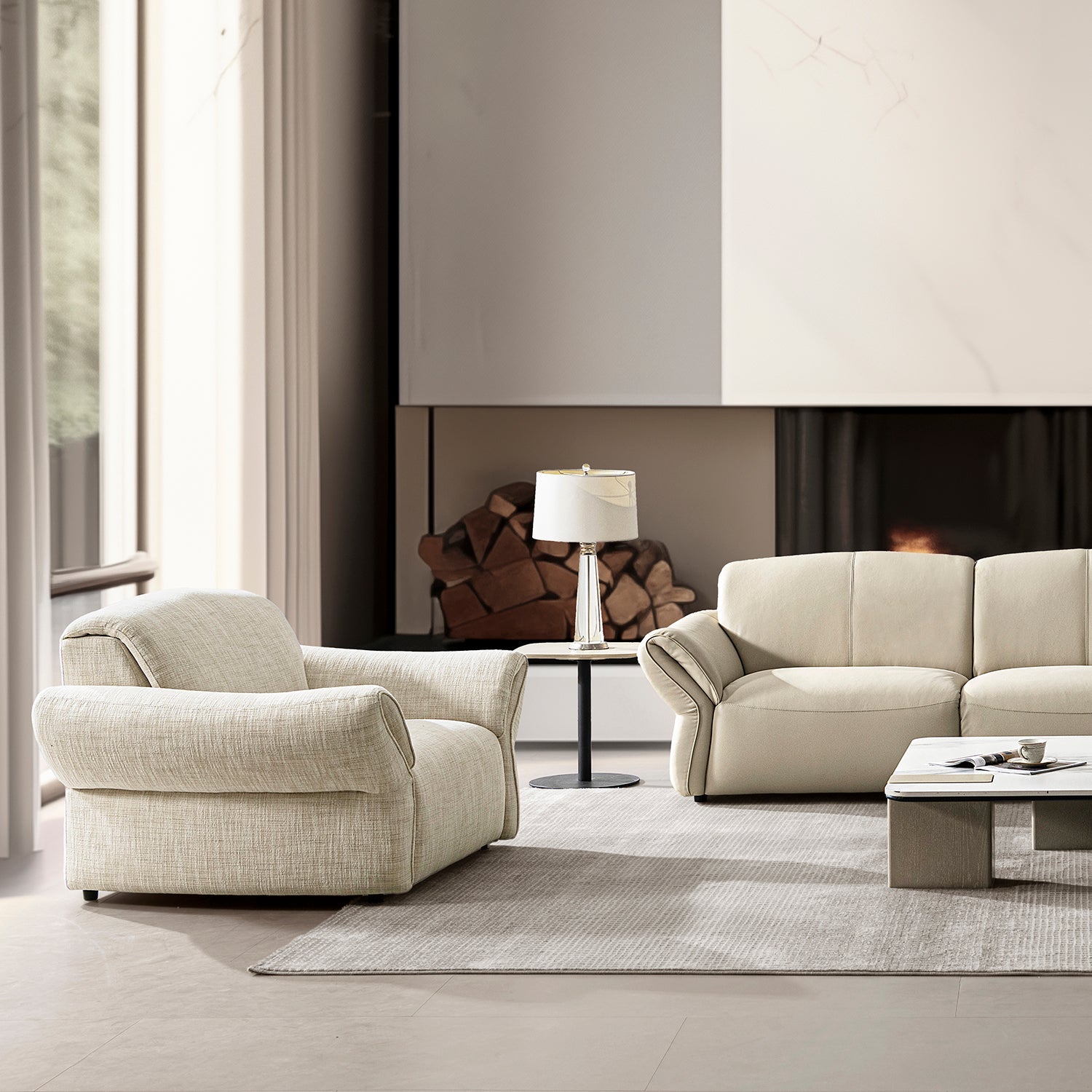 Cream Mixed Weave Fabric 1 Seater Sofa LUNAR