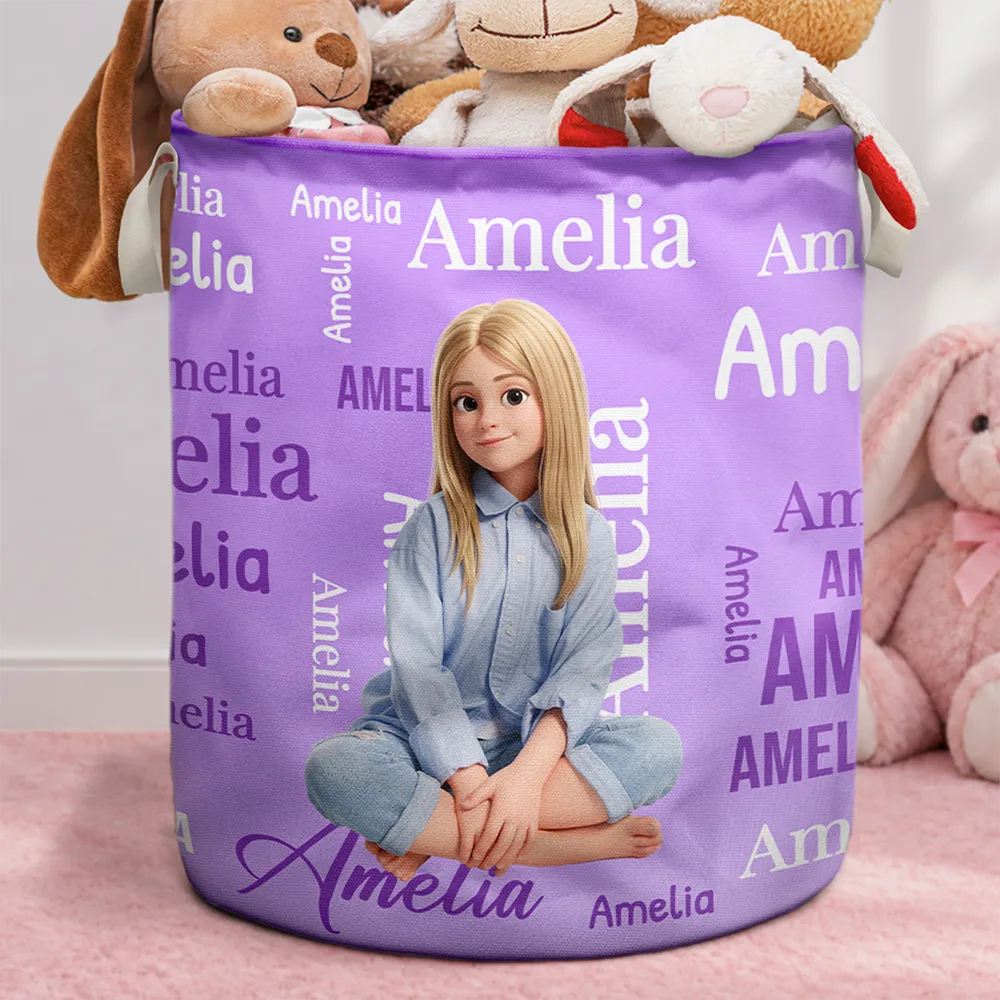 Custom Photo Cartoon Portrait Name Word Pattern Gift For Kids - Personalized Laundry Basket, Storage Basket