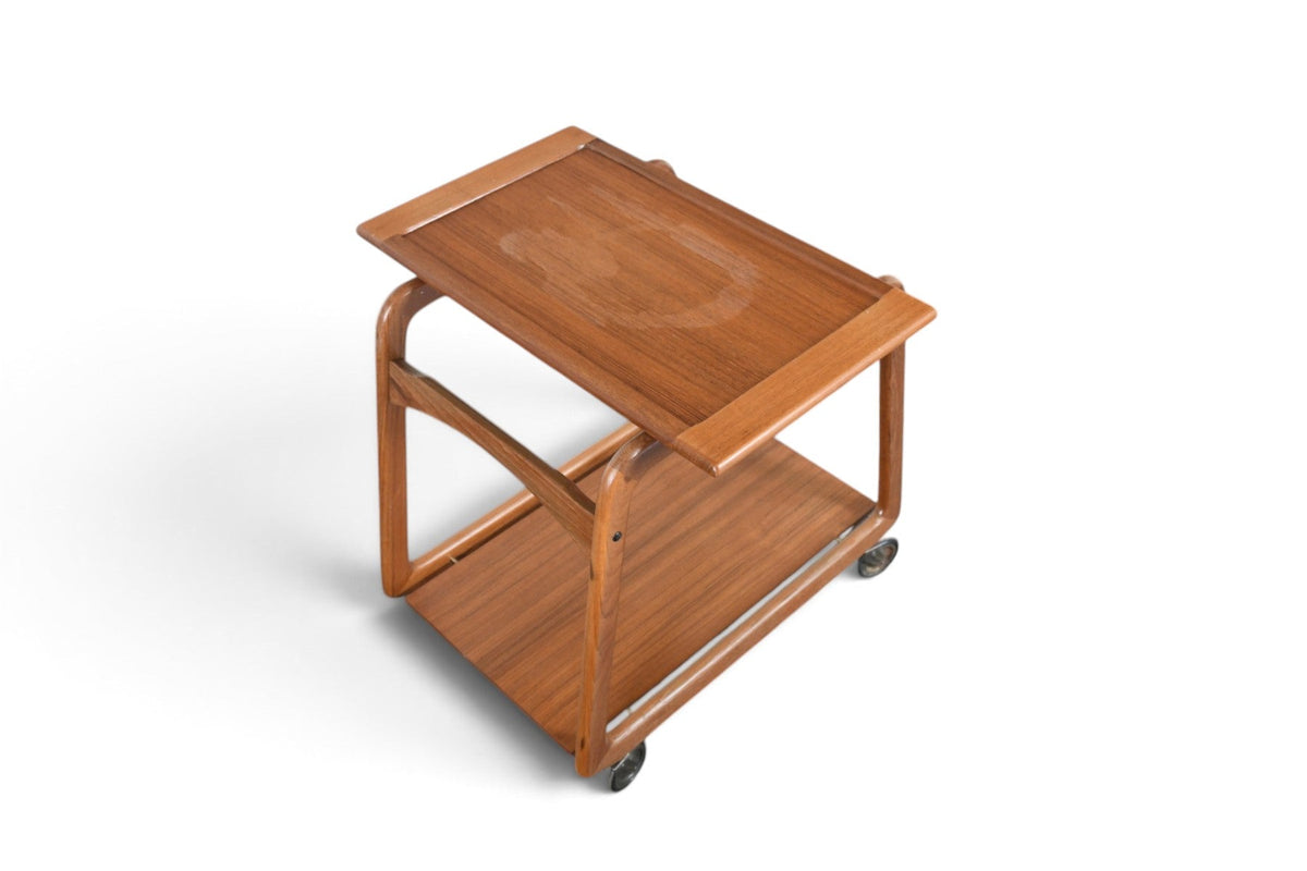 DANISH MODERN FLIP TOP BAR CART IN TEAK + CREAM LAMINATE