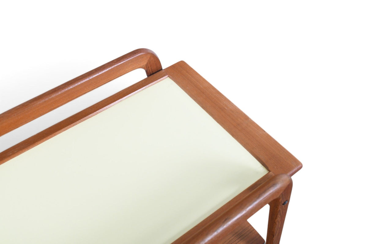 DANISH MODERN FLIP TOP BAR CART IN TEAK + CREAM LAMINATE