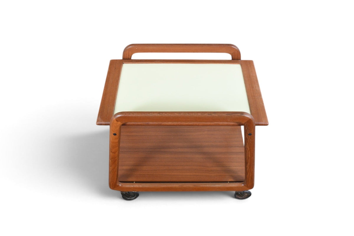 DANISH MODERN FLIP TOP BAR CART IN TEAK + CREAM LAMINATE
