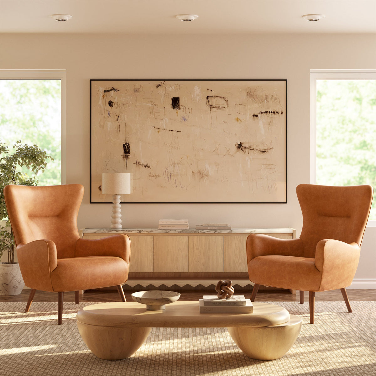 Aida Leather Lounge Chair, Cognac Tan, Set of 2