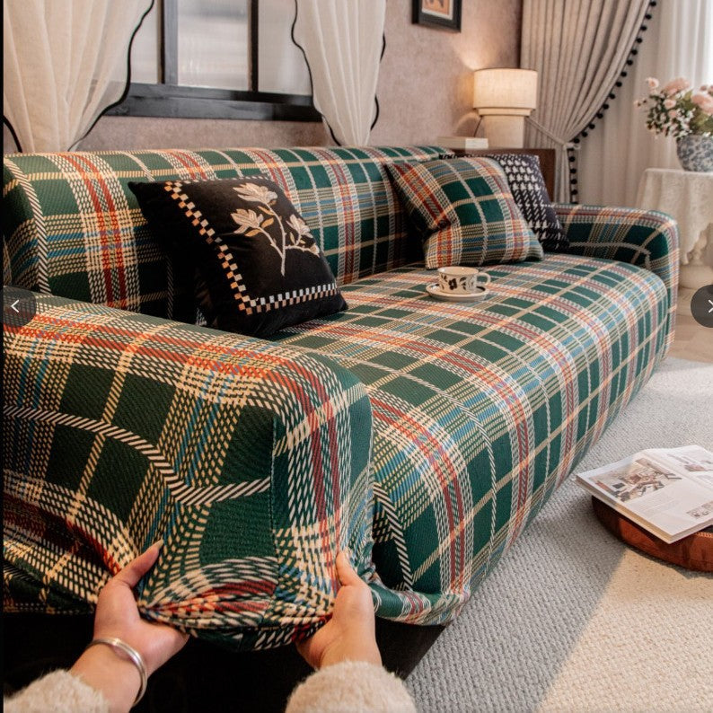 Heritage Plaid Crystal Velvet Stretch Sofa Couch Slipcover