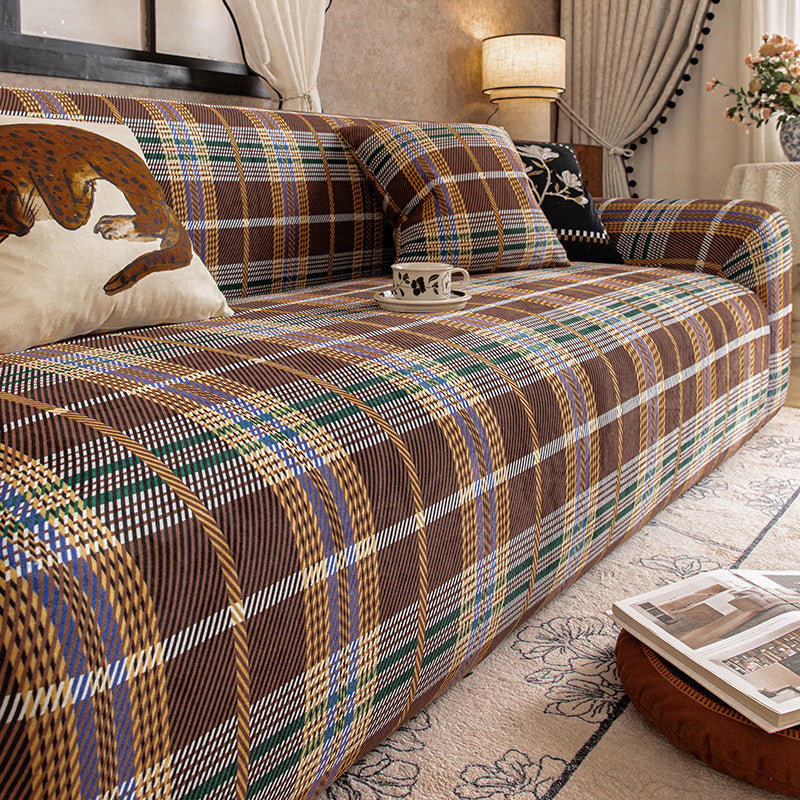 Heritage Plaid Crystal Velvet Stretch Sofa Couch Slipcover
