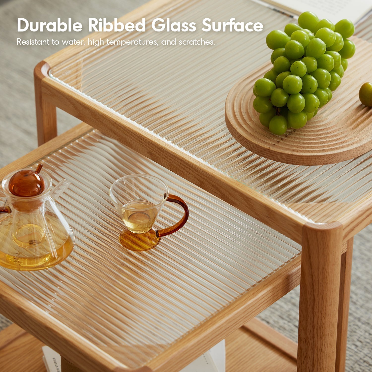 Scandinavian Oak Wood Moru Glass Coffee Table Set GLINT