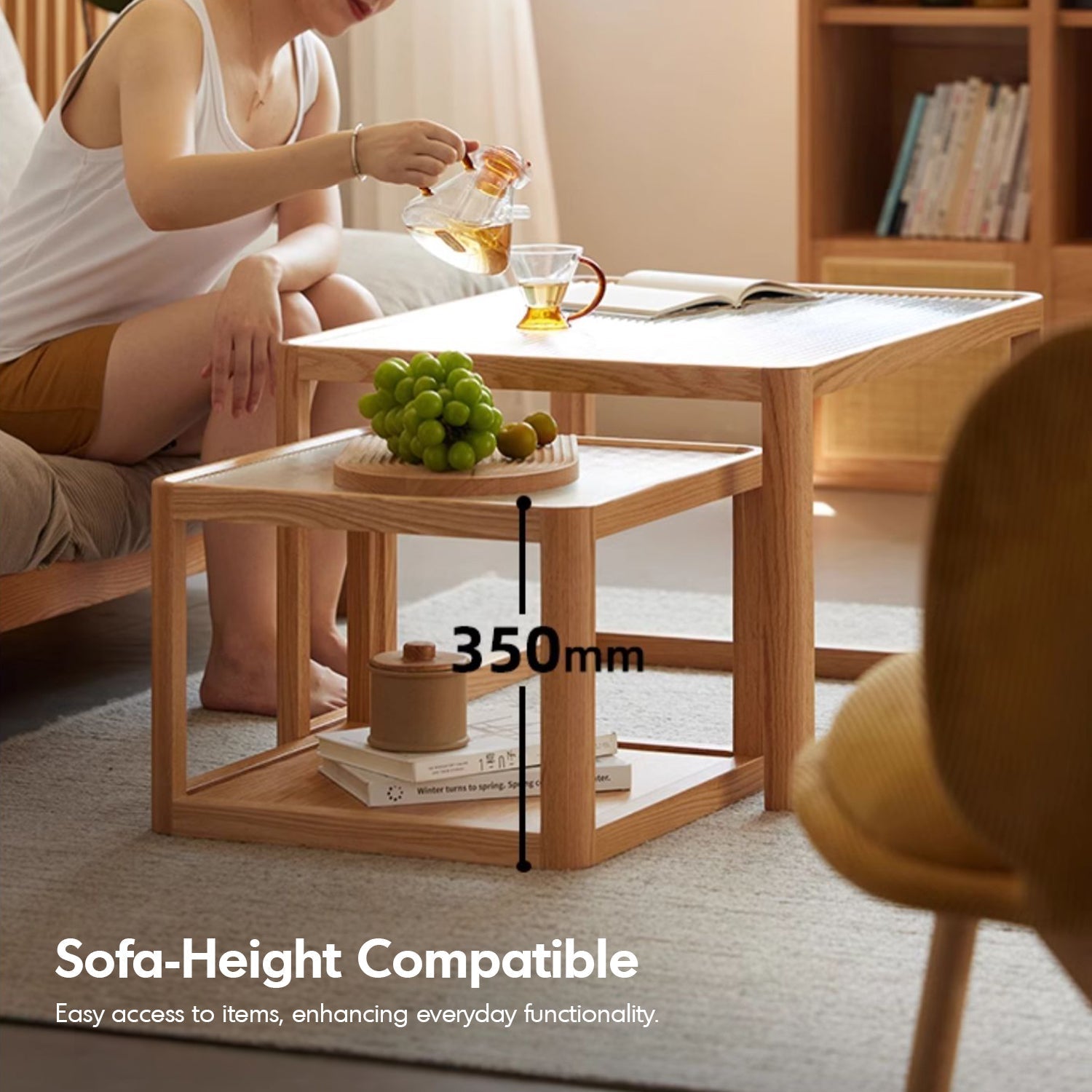 Scandinavian Oak Wood Moru Glass Coffee Table Set GLINT