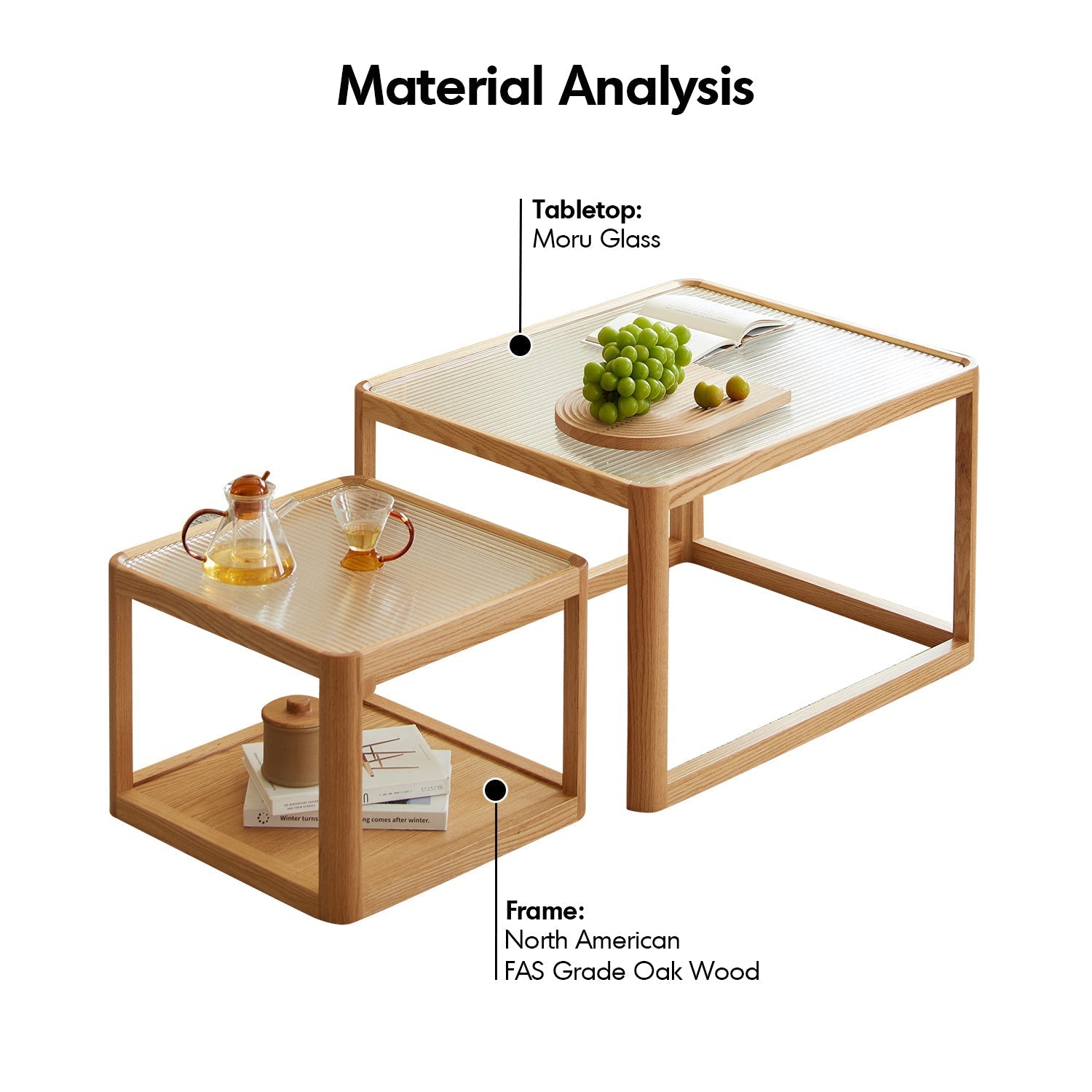 Scandinavian Oak Wood Moru Glass Coffee Table Set GLINT