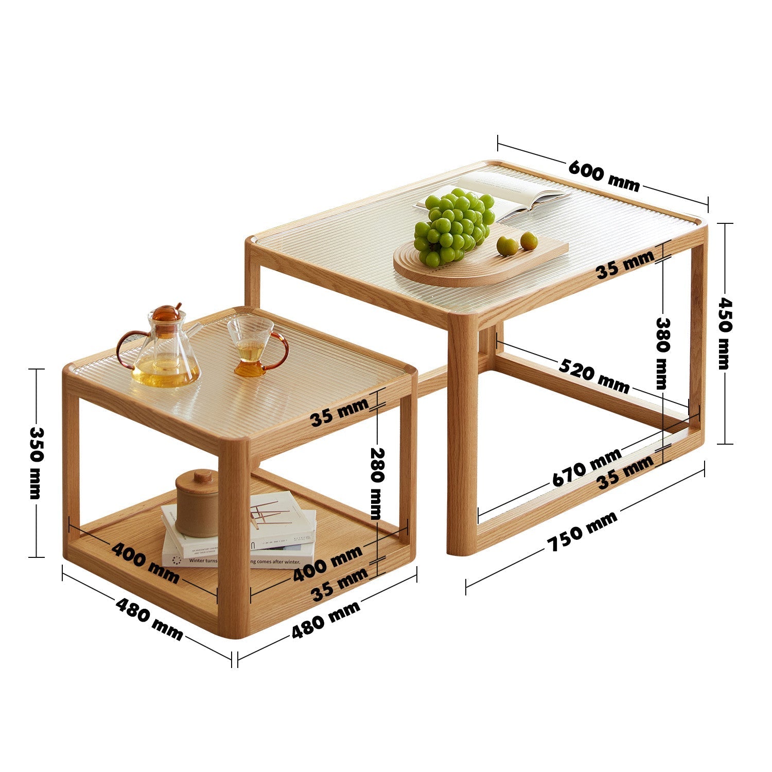 Scandinavian Oak Wood Moru Glass Coffee Table Set GLINT