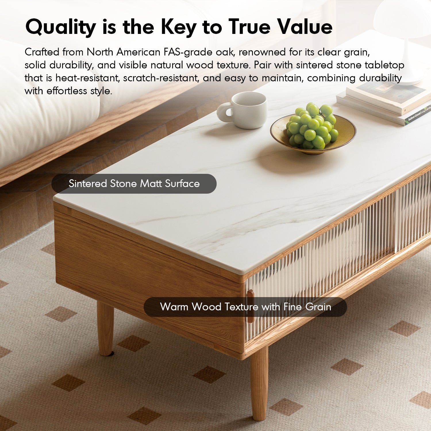 Scandinavian Oak Wood Sintered Stone Coffee Table VISTA
