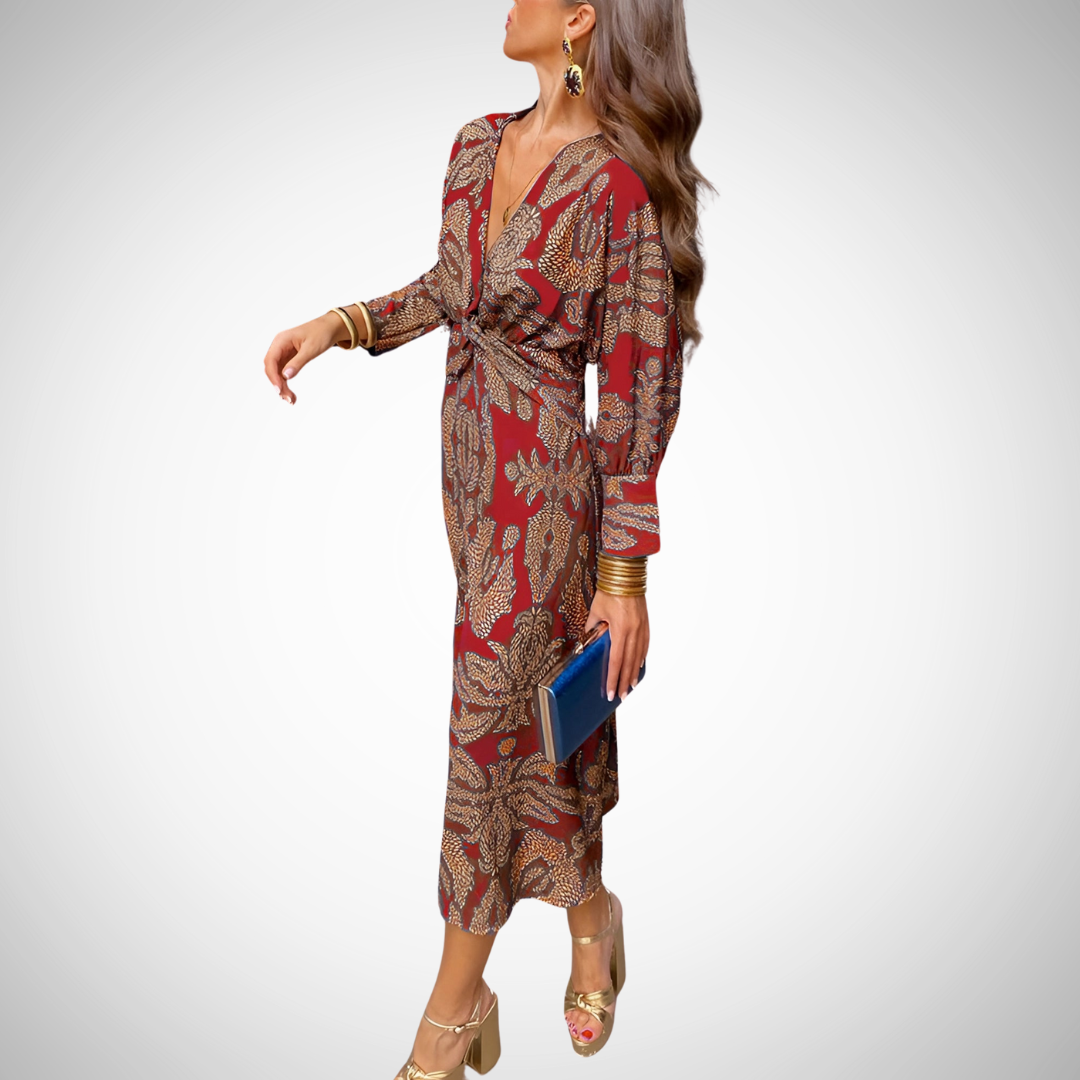 Eliza Floral Midi Dress - V-Neck Long Sleeve Fall Fashion for Women