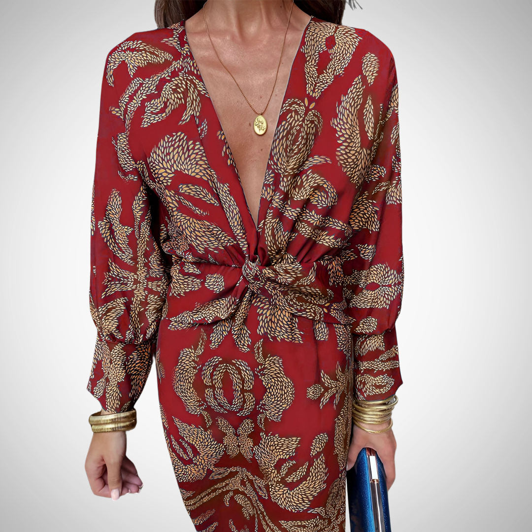 Eliza Floral Midi Dress - V-Neck Long Sleeve Fall Fashion for Women
