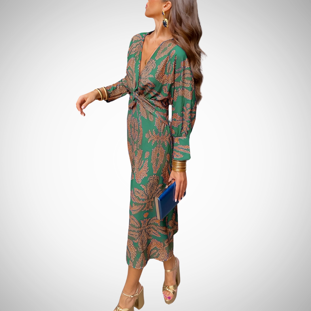 Eliza Floral Midi Dress - V-Neck Long Sleeve Fall Fashion for Women