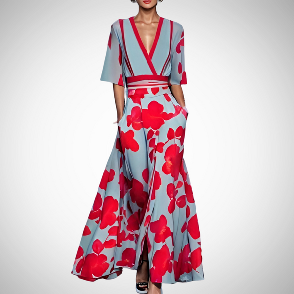 Rita Floral Maxi Dress - Red Poppy Print, V-Neck, Belted, High Slit for Women