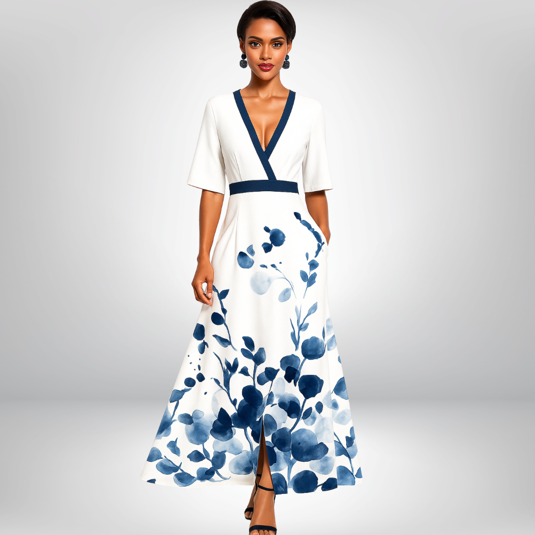 Robe portefeuille fleurie élégante saphir pour femme