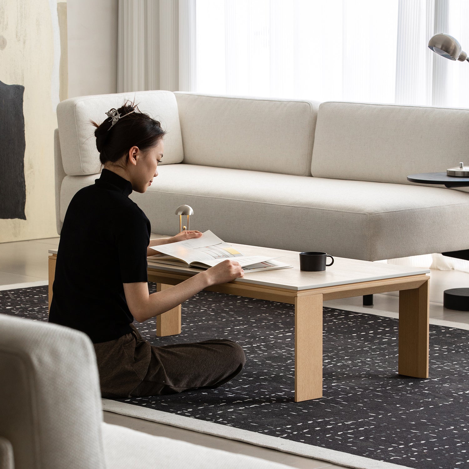 Minimalist Ash Wood Veneer Sintered Stone Coffee Table STRING