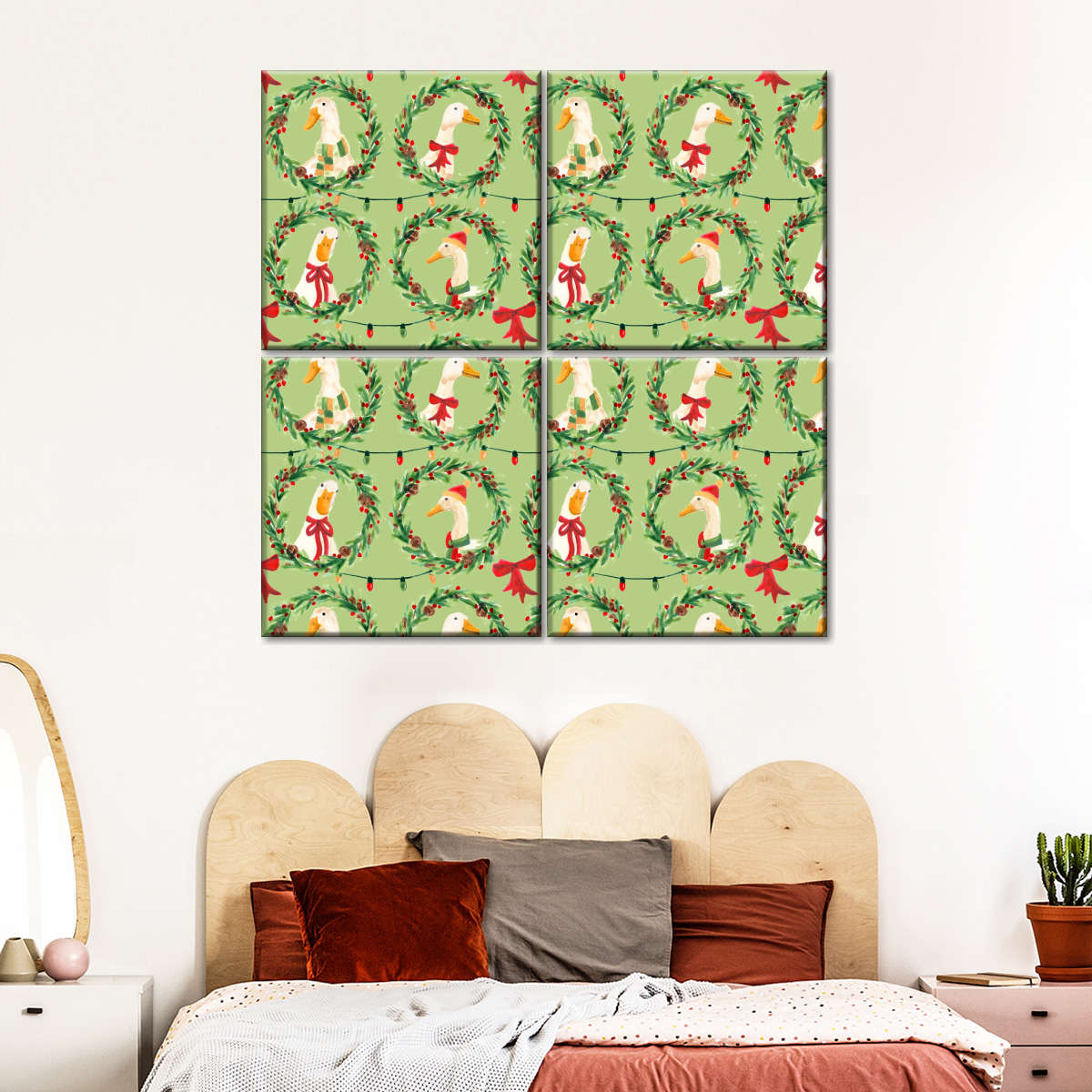 Christmas Geese Wreath Pattern on Green Wall Art
