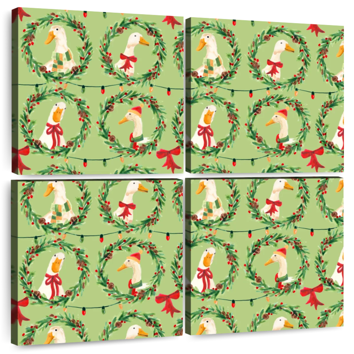 Christmas Geese Wreath Pattern on Green Wall Art