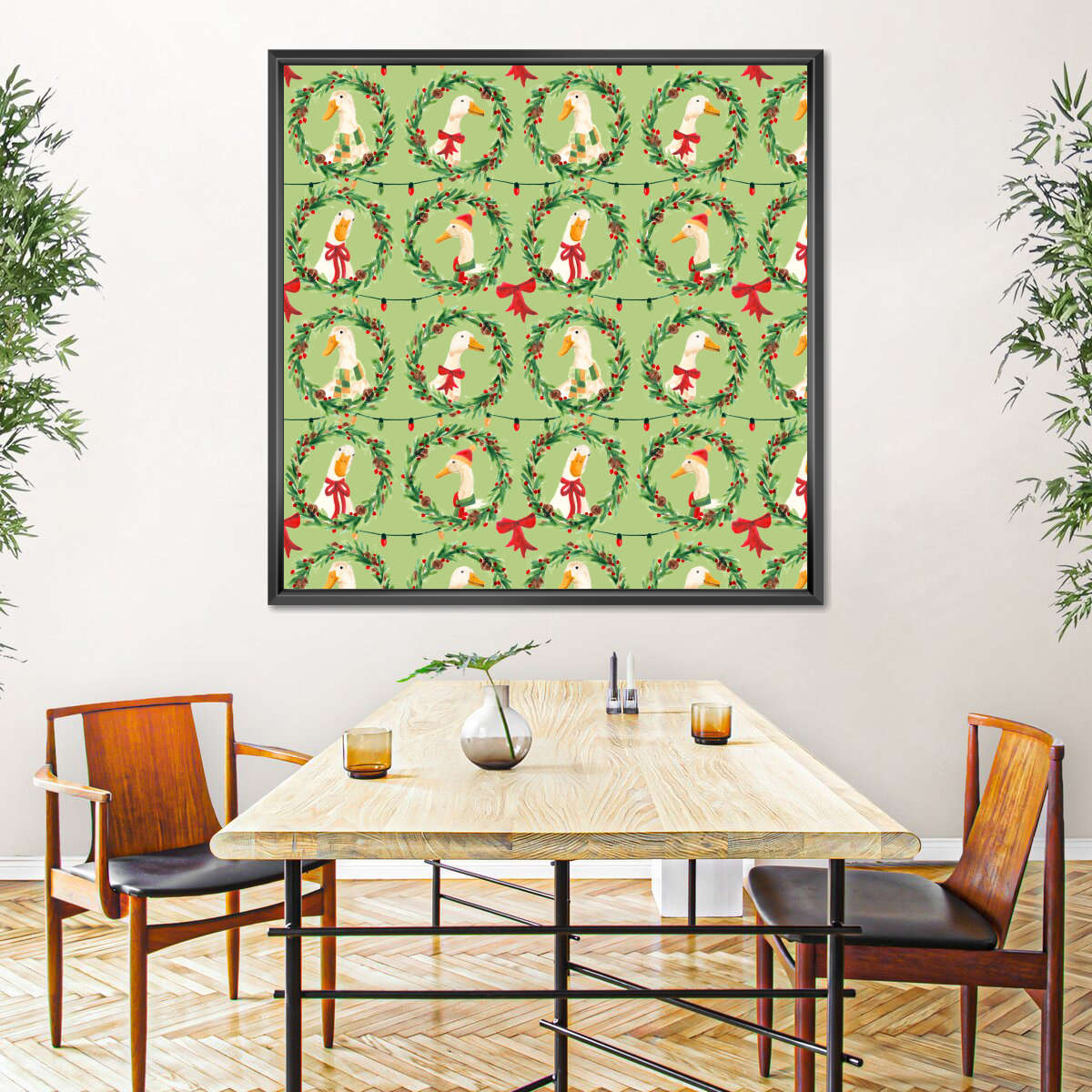 Christmas Geese Wreath Pattern on Green Wall Art