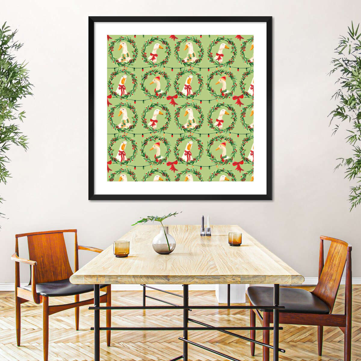 Christmas Geese Wreath Pattern on Green Wall Art
