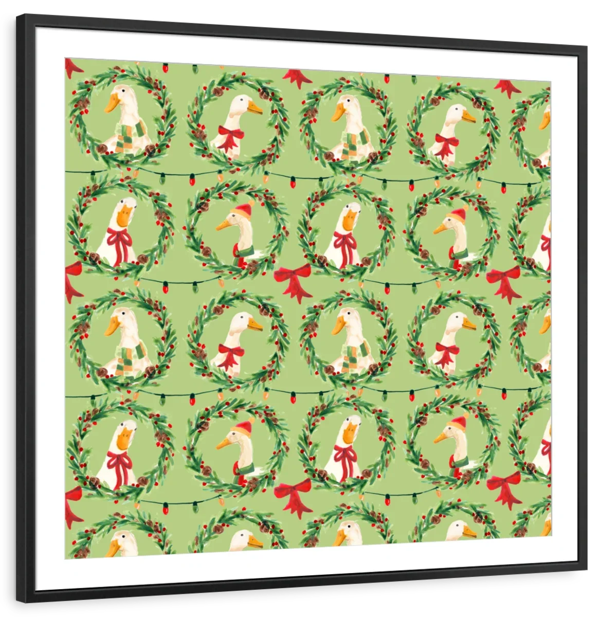 Christmas Geese Wreath Pattern on Green Wall Art