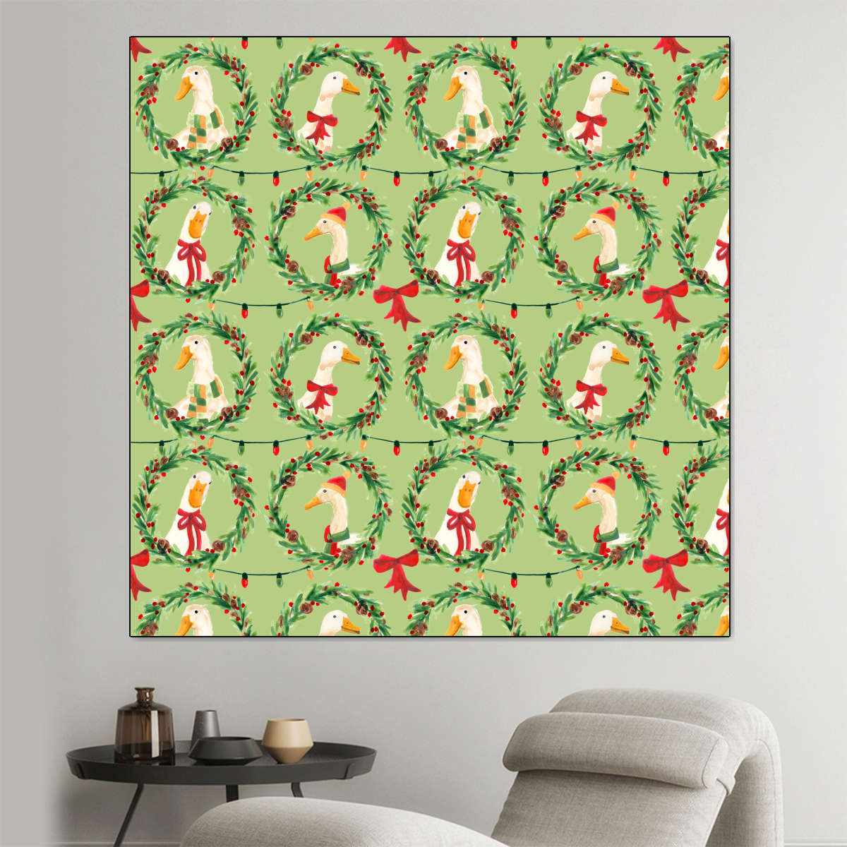 Christmas Geese Wreath Pattern on Green Wall Art