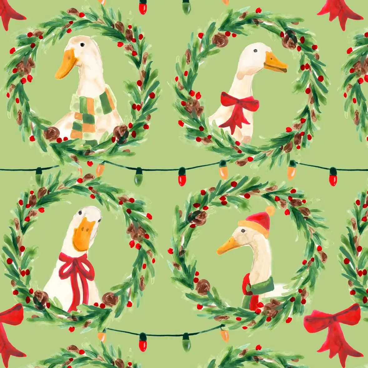 Christmas Geese Wreath Pattern on Green Wall Art