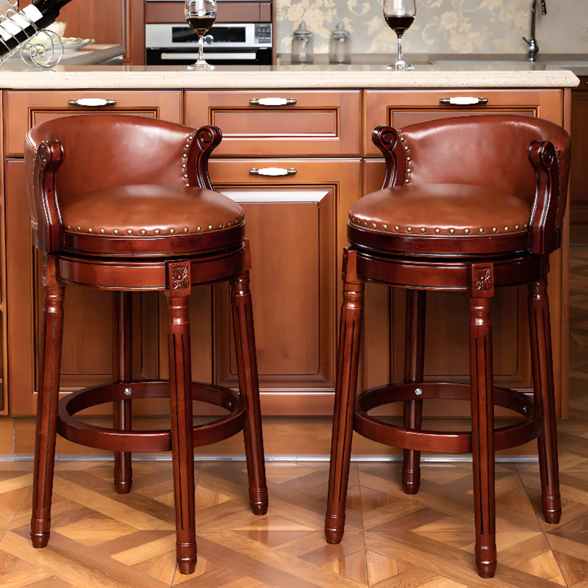 Cow Leather Wingback Swivel Wood Bar Stool with Nailhead Trim