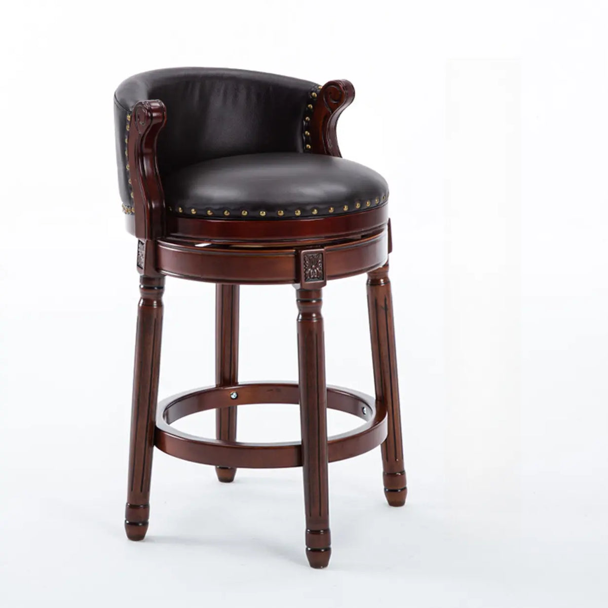 Cow Leather Wingback Swivel Wood Bar Stool with Nailhead Trim