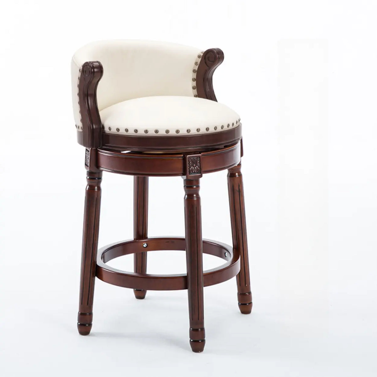 Cow Leather Wingback Swivel Wood Bar Stool with Nailhead Trim