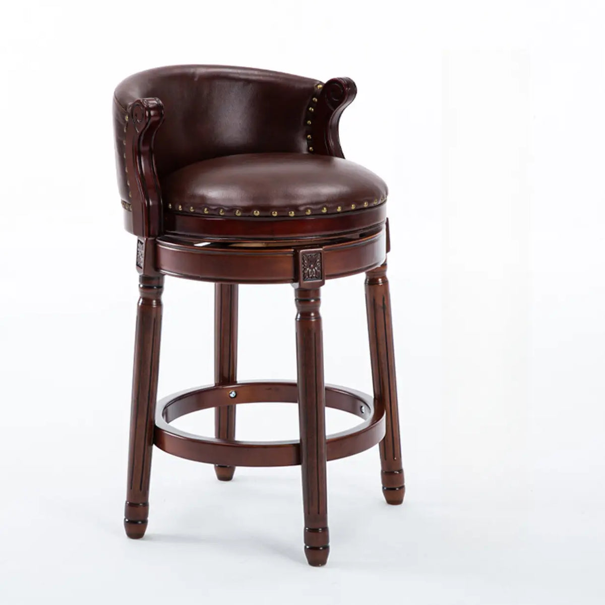 Cow Leather Wingback Swivel Wood Bar Stool with Nailhead Trim
