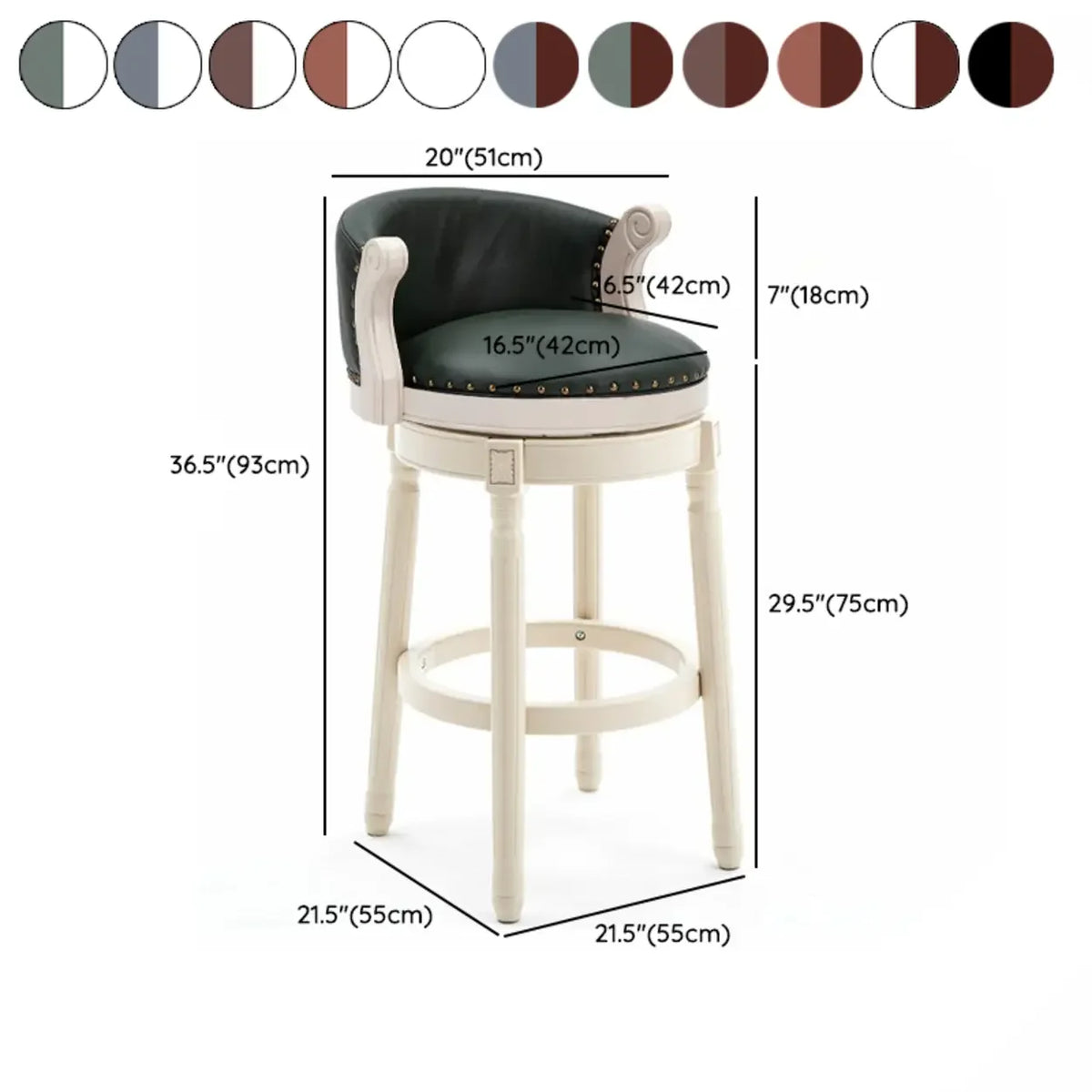 Cow Leather Wingback Swivel Wood Bar Stool with Nailhead Trim
