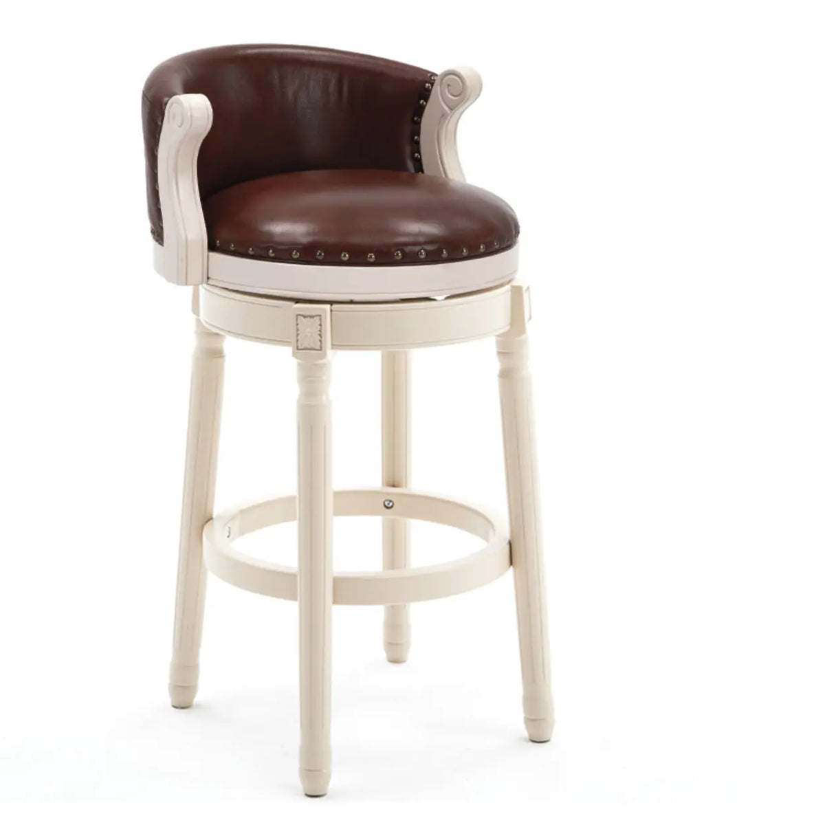 Cow Leather Wingback Swivel Wood Bar Stool with Nailhead Trim