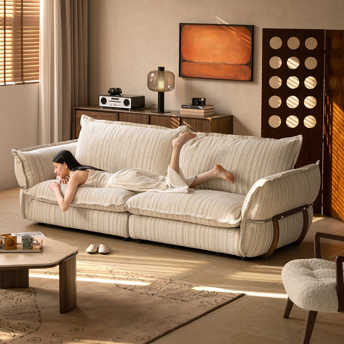 Cream Boucle Fabric 3 Seater Sofa CIRCLE