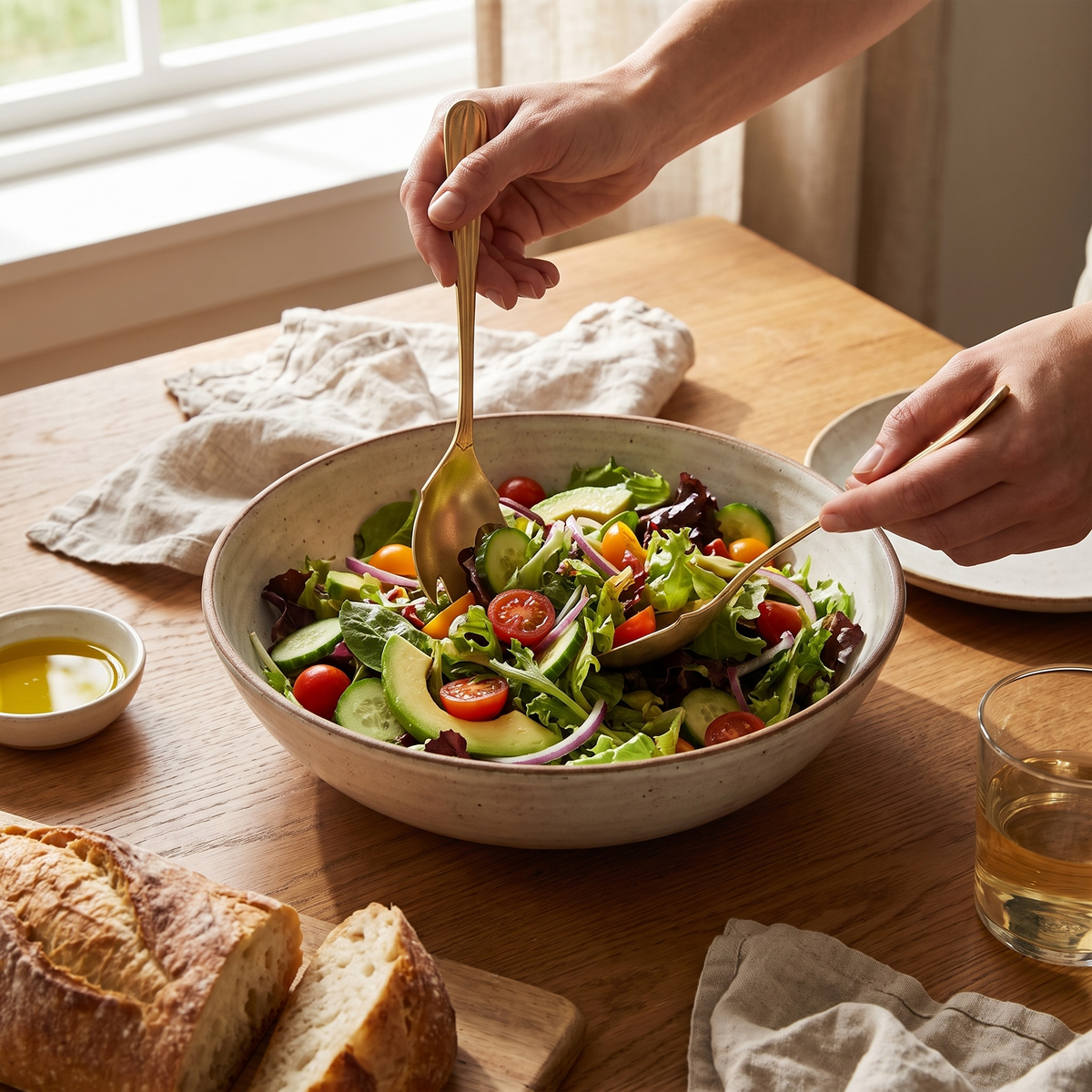 Crescent Fork & Spoon Stainless Steel Serving Set, styled in a real setting