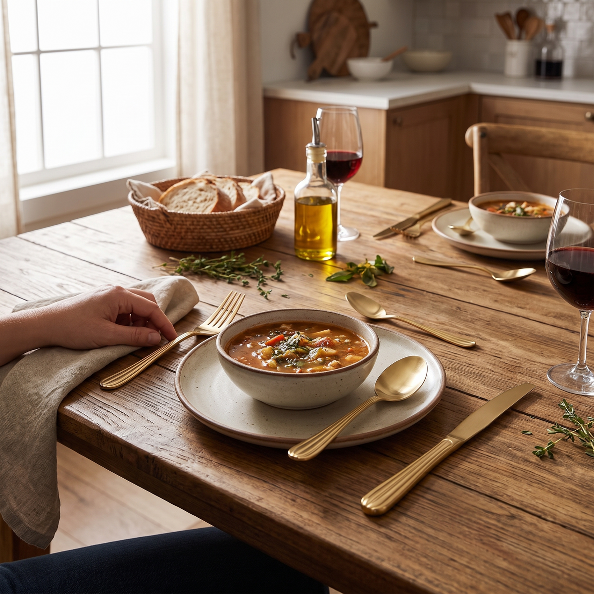 Crescent Four-Person Settings Flatware Set, styled in a real setting