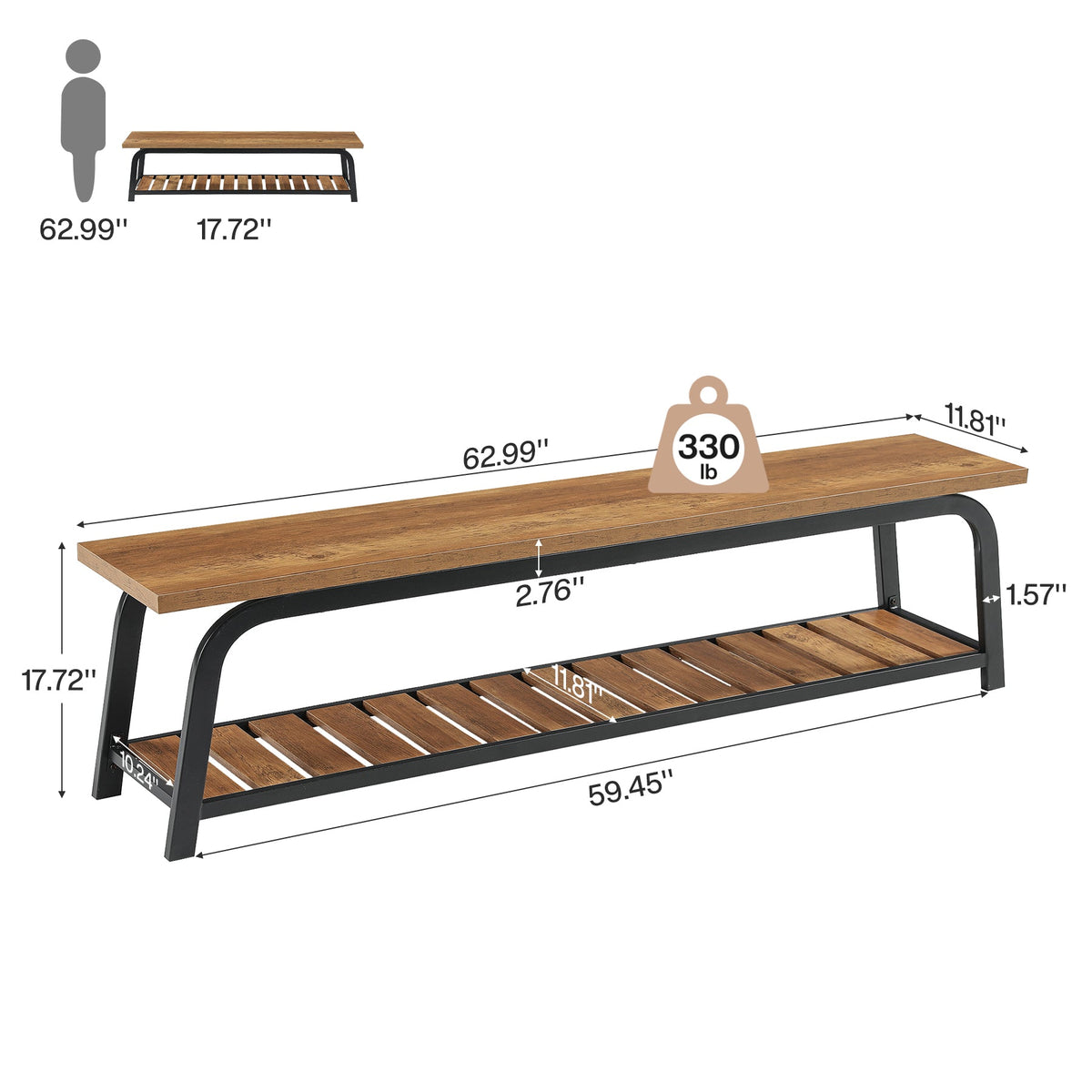 63" Industrial Dining Bench, 2-Tier Kitchen Bench with Metal Frame for Dining Room