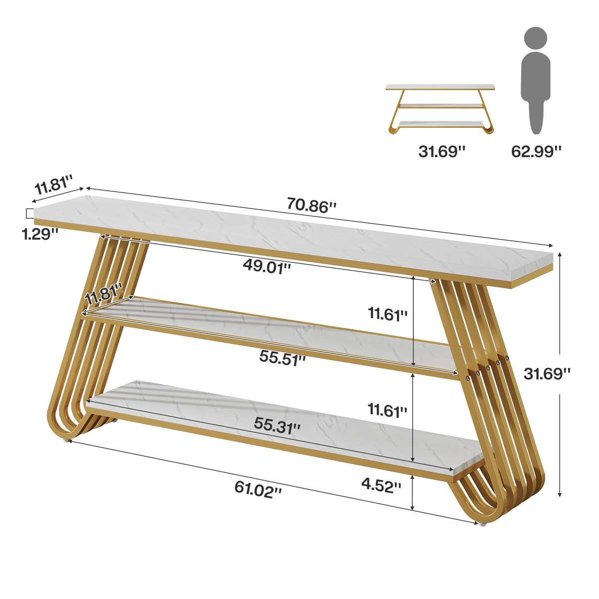 71" Faux Marble Console Table, 3-Tier Modern Entryway Sofa Table, Living Room