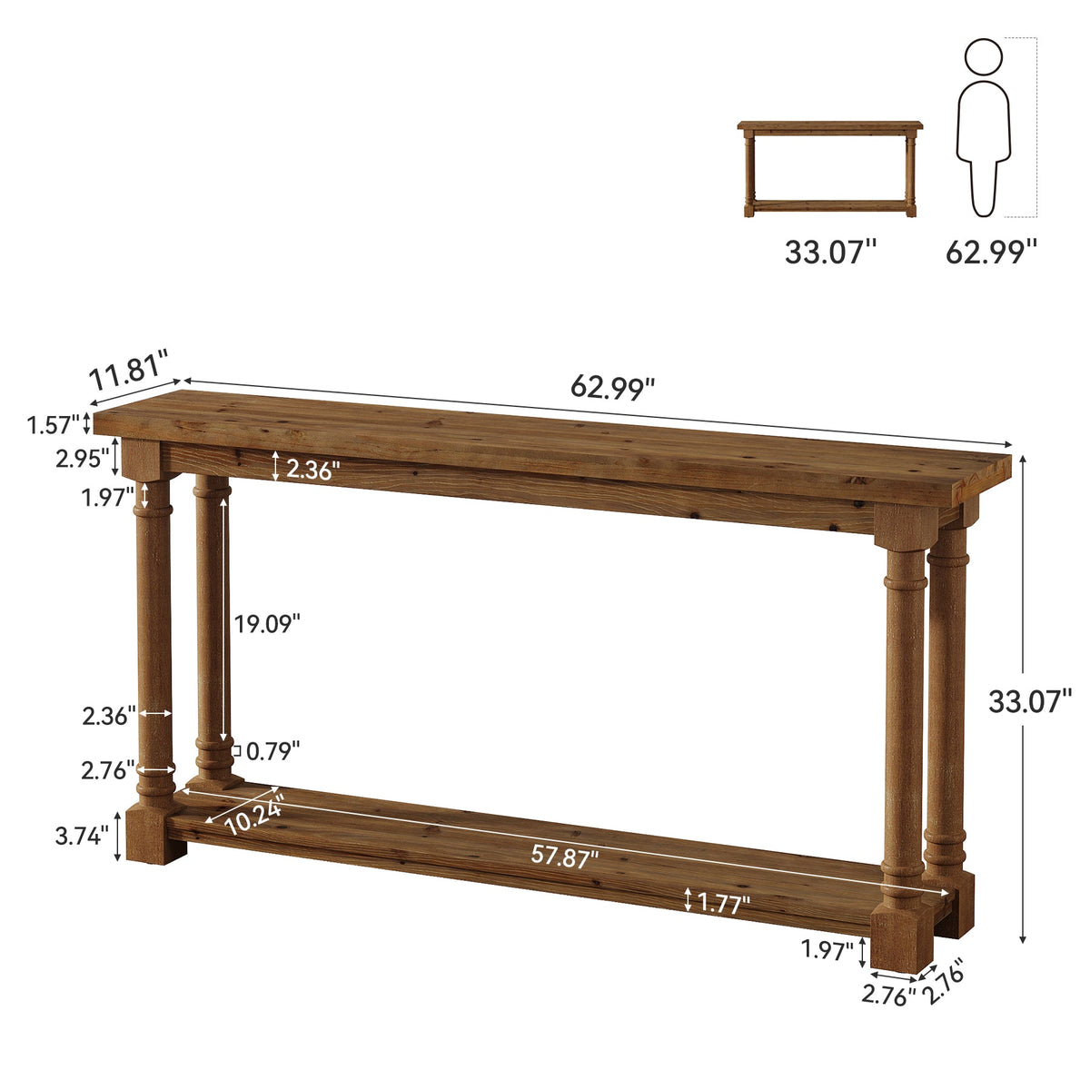 63" Solid Wood Console Table, 2-Tier Entryway Table with Turned Spindle Legs for Hallway