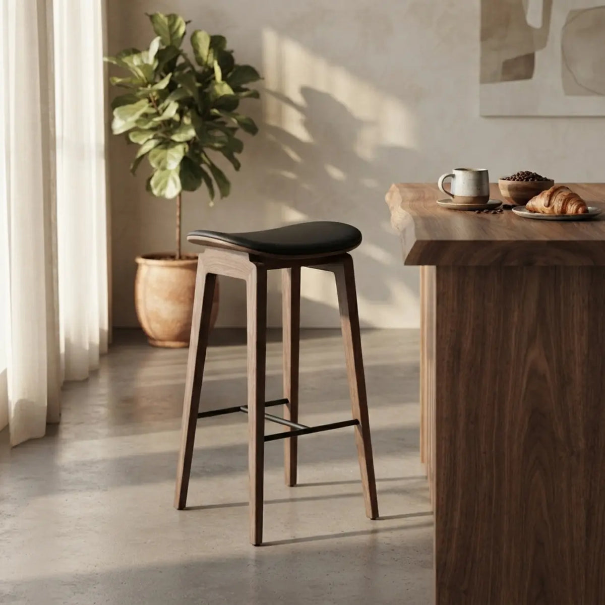 Faux Leather Counter Stool with Footrest and Wood Frame