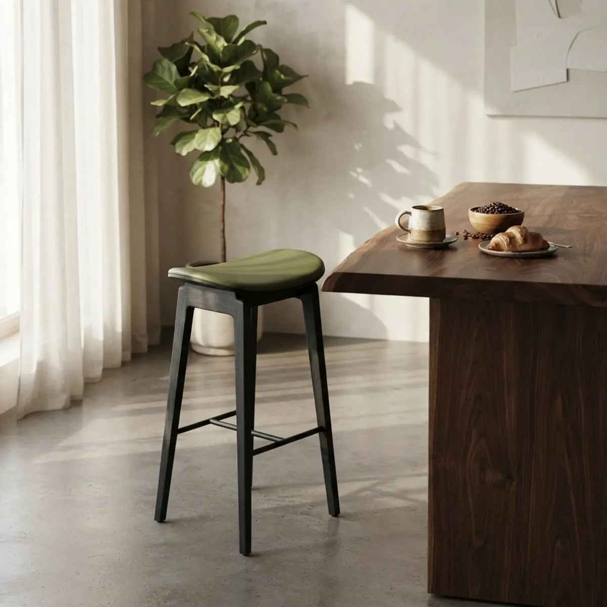 Faux Leather Counter Stool with Footrest and Wood Frame