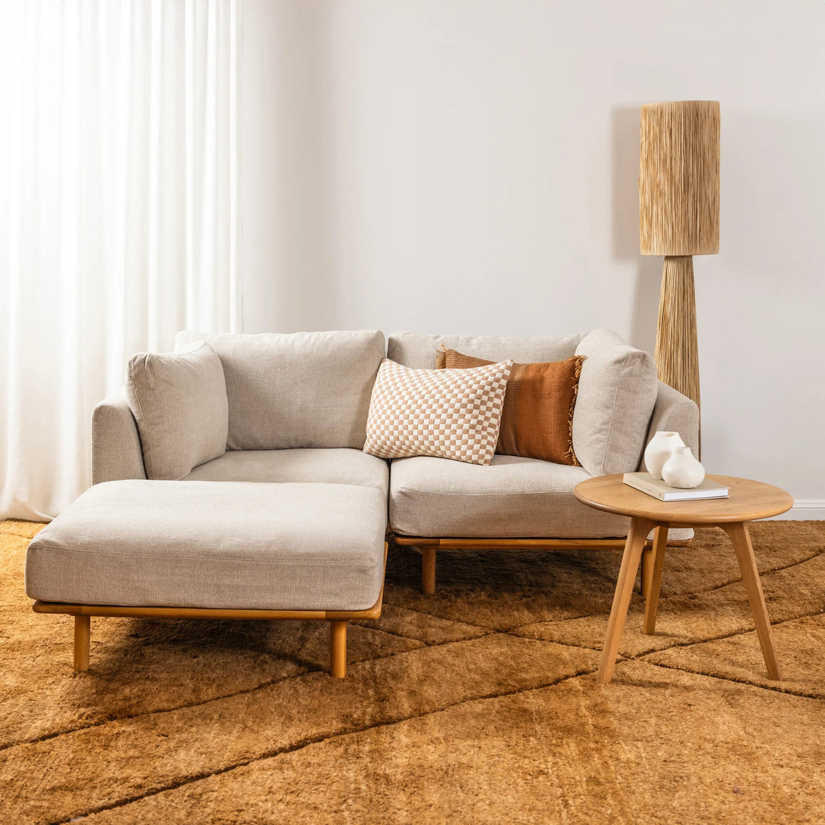 Anika Modular Sofa - Solid American White Oak - 2-Seater Chaise in Ivory Beige Fabric