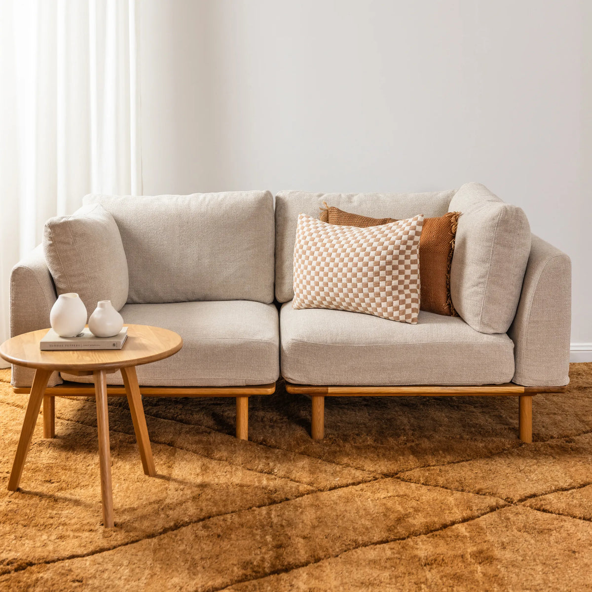 Anika Modular Sofa - Solid American White Oak - 2-Seater in Ivory Beige Fabric