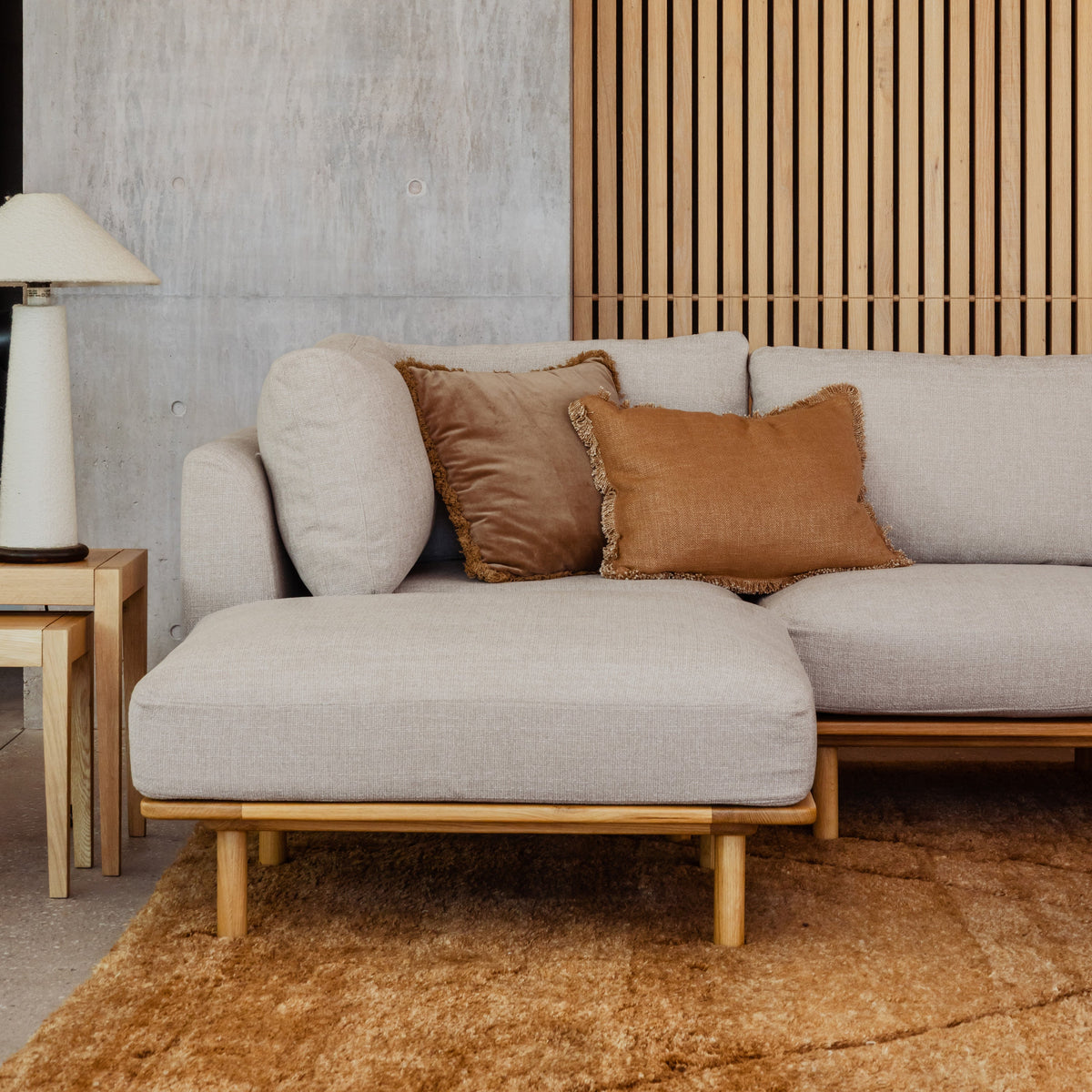 Anika Modular Sofa - Solid American White Oak - 3-Seater Chaise in Ivory Beige Fabric