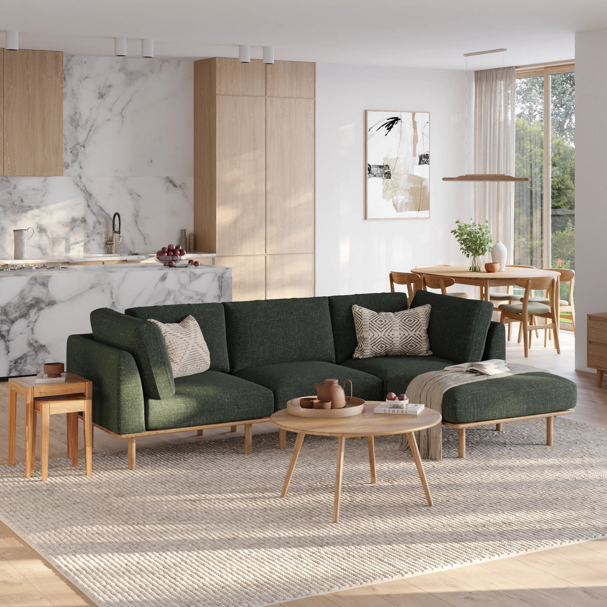Anika Modular Sofa - Solid American White Oak - 3-Seater Chaise in Olive Green Fabric