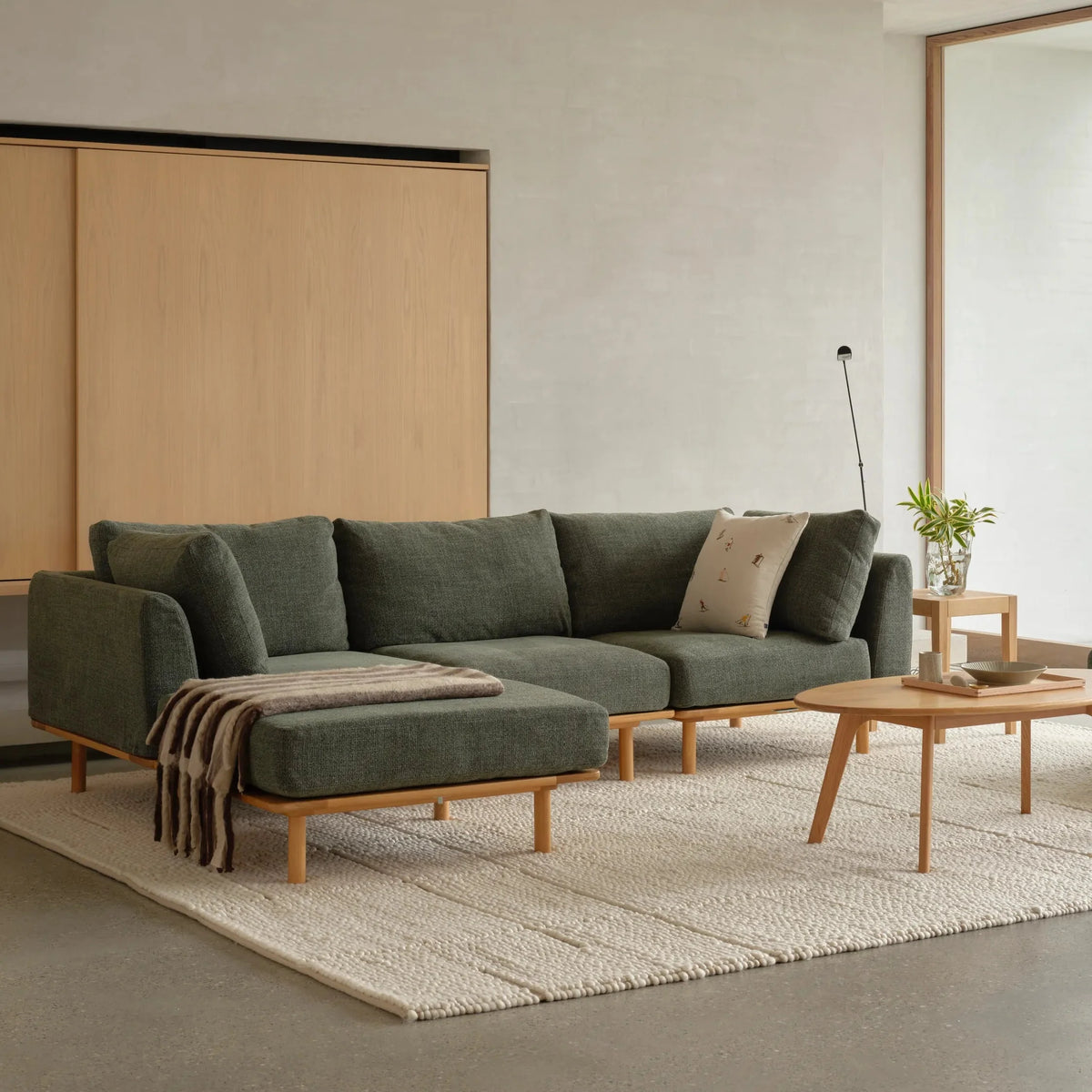 Anika Modular Sofa - Solid American White Oak - 3-Seater Chaise in Olive Green Fabric