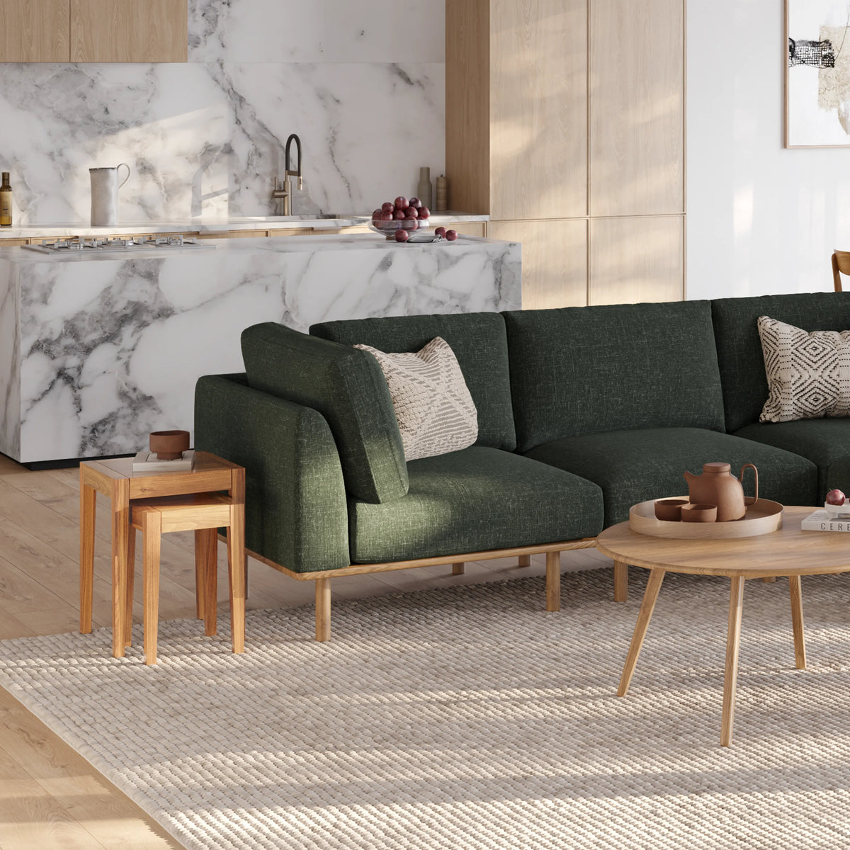 Anika Modular Sofa - Solid American White Oak - 2-Seater in Olive Green Fabric
