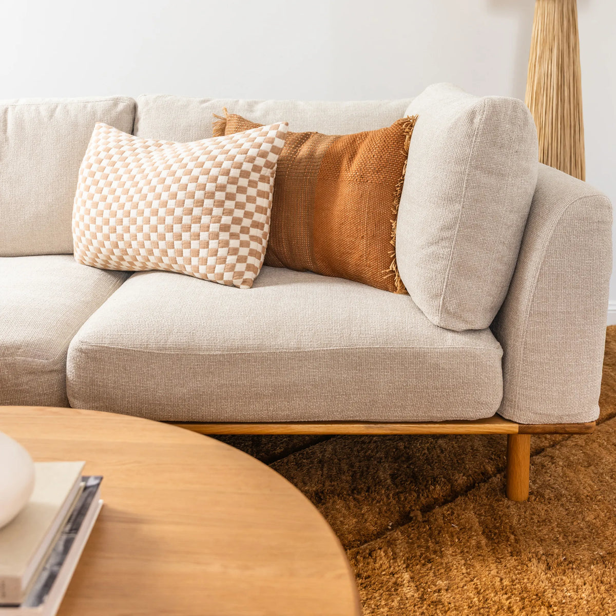 Anika Modular Sofa - Solid American White Oak - 2-Seater Chaise in Ivory Beige Fabric